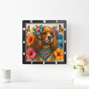Beagle Floral Butterfly Quadratische Wanduhr