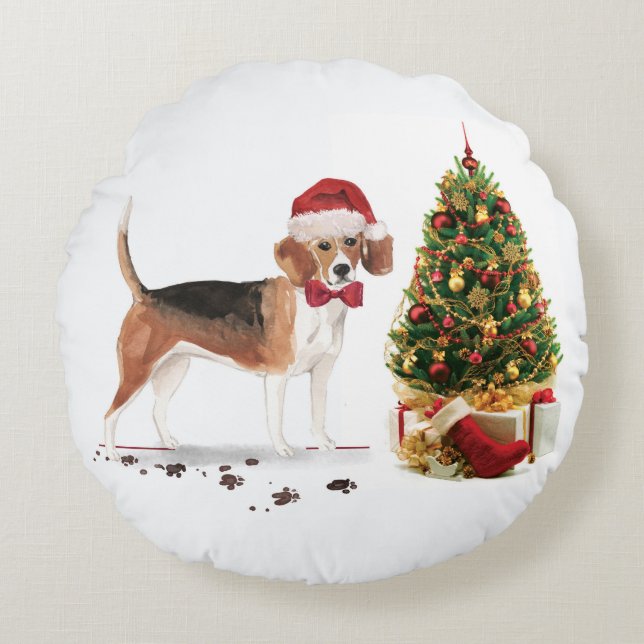 Beagle Funny Christmas Dog mit Baum Rundes Kissen (Vorderseite)