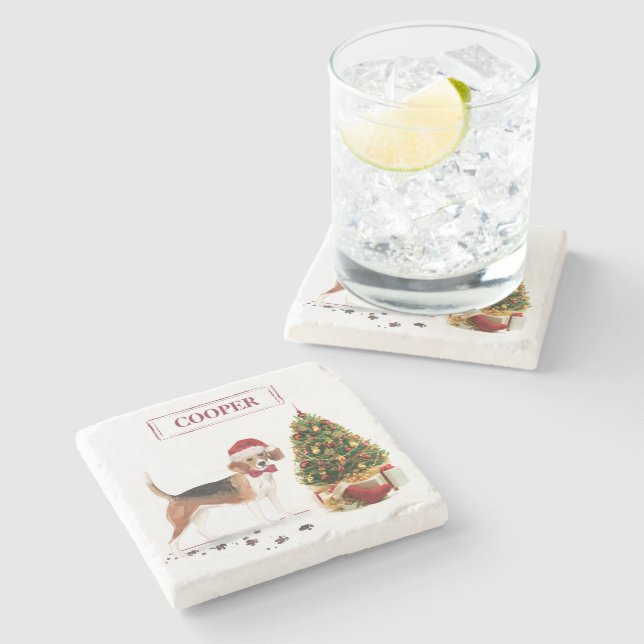 Beagle Funny Christmas Dog mit Baum Steinuntersetzer (Seitenansicht)