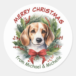 Beagle Hound Christmas Red Bow Wreath Runder Aufkleber