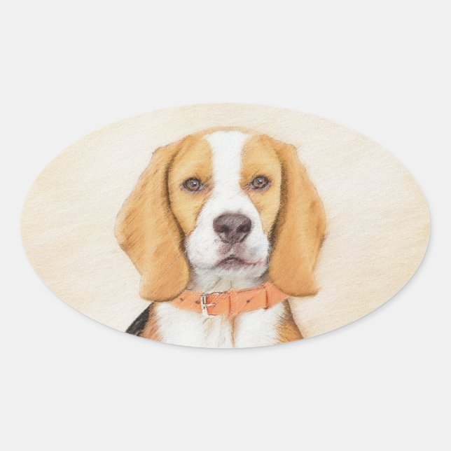 Beagle Hound Dog Malerei Original Tierart Ovaler Aufkleber (Vorderseite)