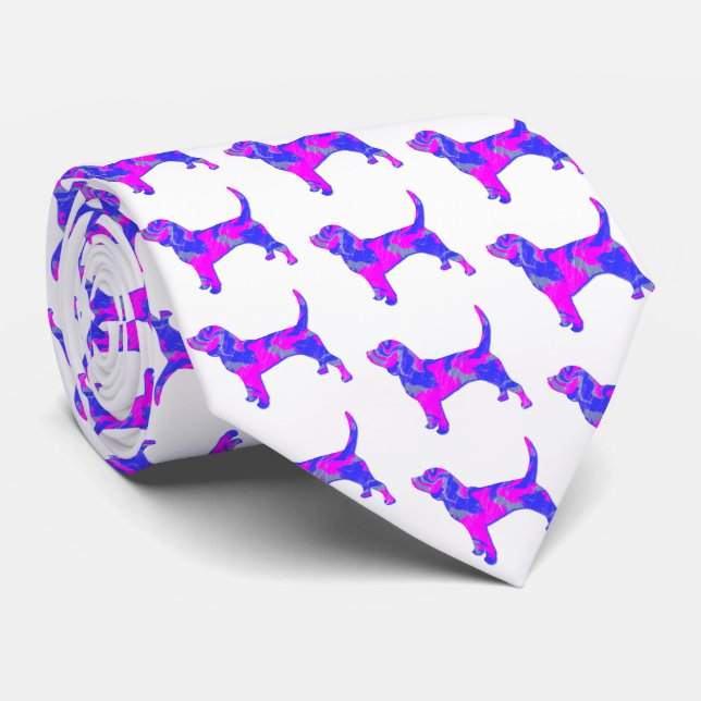 Beagle Hound Hund Pink & Blue Silhouette Weiß Krawatte (Gerollt)