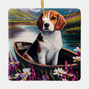 Beagle-Hund auf einem Paddel: Ein landschaftliches Keramikornament