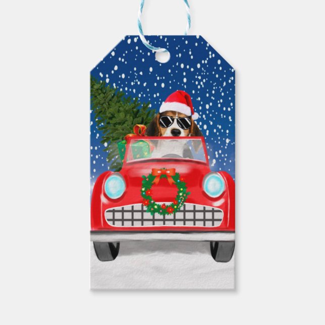 Beagle Hund Autofahren im Schnee Weihnachten Geschenkanhänger (Vorderseite)