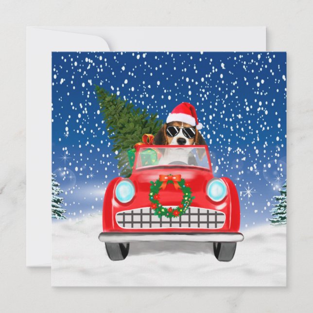 Beagle Hund Autofahren im Schnee Weihnachten Karte (Vorderseite)