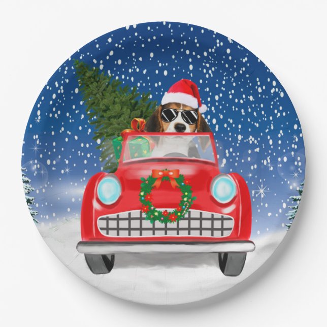 Beagle Hund Autofahren im Schnee Weihnachten Pappteller (Vorderseite)