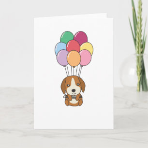 Beagle Hund fliegt mit farbenfrohen Ballons Karte