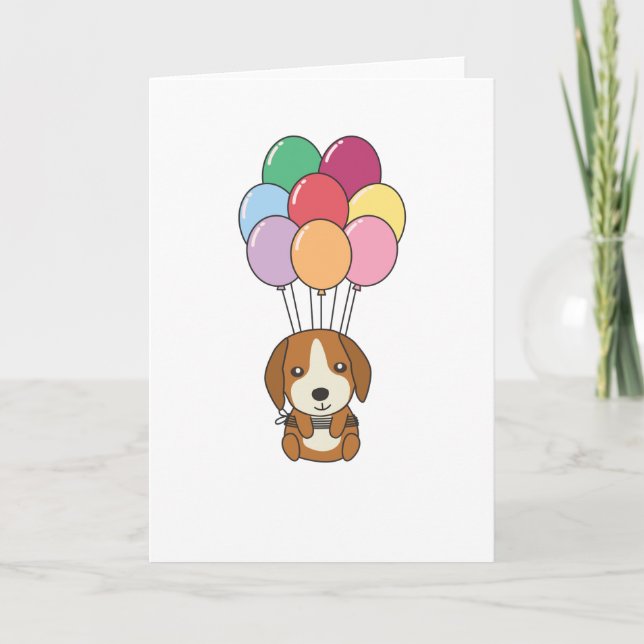 Beagle Hund fliegt mit farbenfrohen Balloons Karte (Vorderseite)