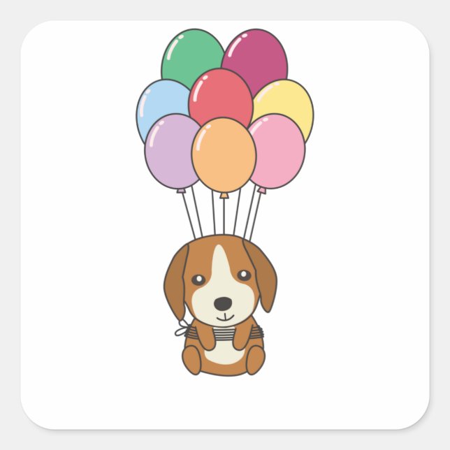 Beagle Hund fliegt mit farbenfrohen Balloons Quadratischer Aufkleber (Vorderseite)
