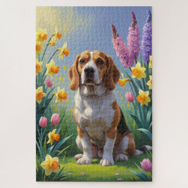 Beagle-Hund-Frühlingsblumen-Gemälde  (Vertikal)
