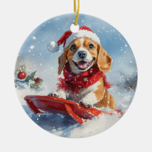 Beagle-Hund im Schlitten Lass es schneien Weihnach Keramik Ornament
