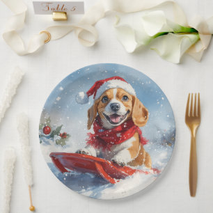 Beagle-Hund im Schlitten Lass es schneien Weihnach Pappteller