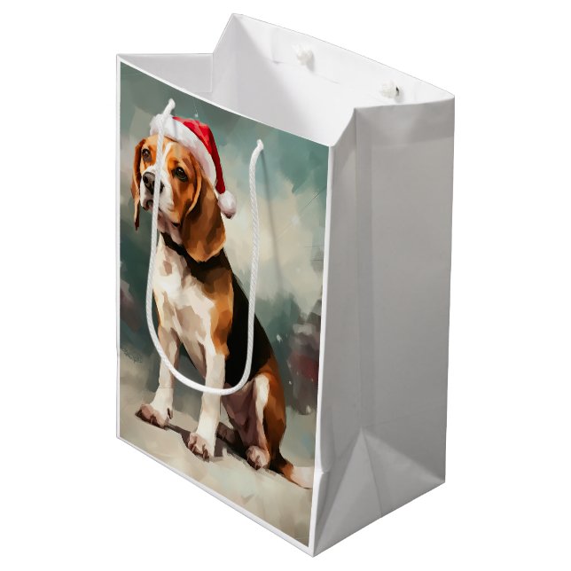 Beagle Hund im Schnee Weihnachten Mittlere Geschenktüte (Vorderseite Schrägansicht)