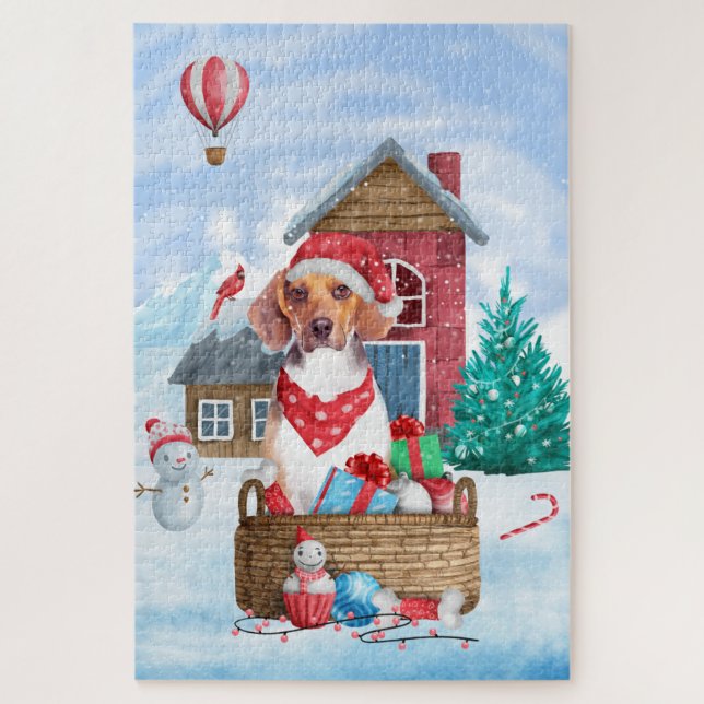 Beagle Hund im Schnee Weihnachtshundehaus (Vertikal)