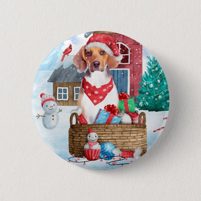Beagle Hund im Schnee Weihnachtshundehaus Button (Vorderseite)