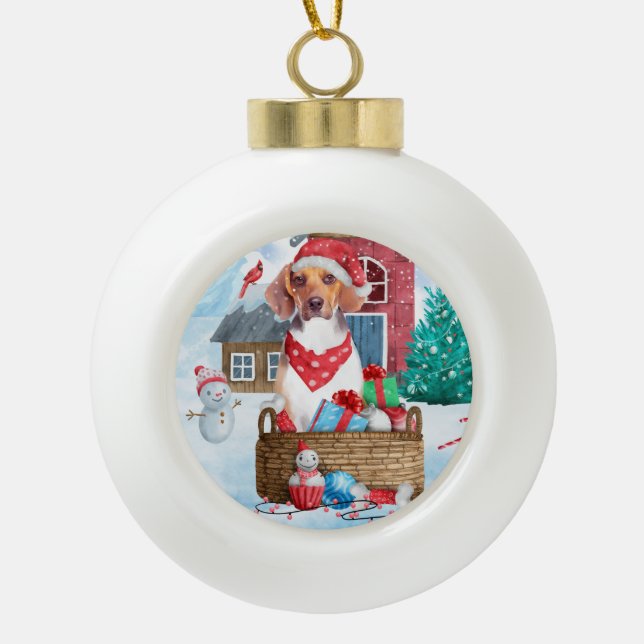 Beagle Hund im Schnee Weihnachtshundehaus Keramik Kugel-Ornament (Vorderseite)
