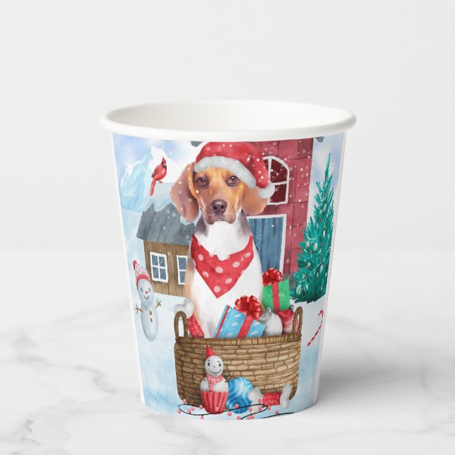 Beagle Hund im Schnee Weihnachtshundehaus Pappbecher (Rückseite)
