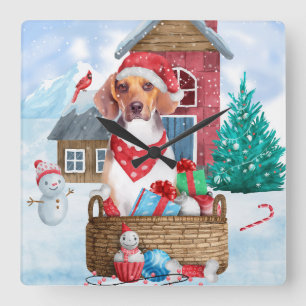 Beagle-Hund im Schneeschnee-Weihnachtshaus Quadratische Wanduhr