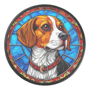Beagle-Hund in lebendiger Bleiglas-Kunst Eishockey Puck