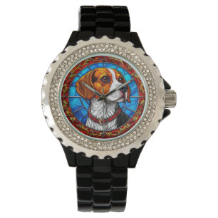 Beagle-Hund in lebendiger Glasmalerei-Kunst Armbanduhr