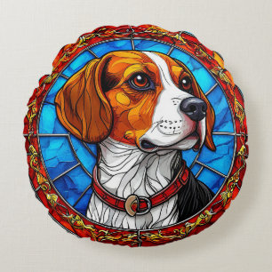 Beagle-Hund in lebendiger Glasmalerei-Kunst Rundes Kissen