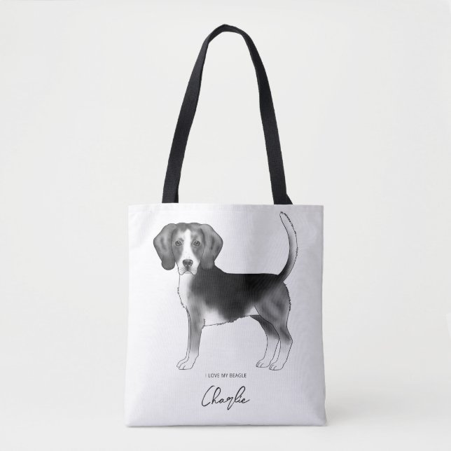 Beagle Hund in Schwarz/Weiß und benutzerdefinierte Tasche (Vorderseite)