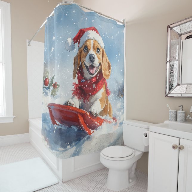Beagle Hund in Sledge Lass es Schnee Weihnachten Duschvorhang (Beispiel)