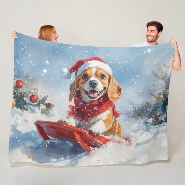 Beagle Hund in Sledge Lass es Schnee Weihnachten Fleecedecke (Beispiel)
