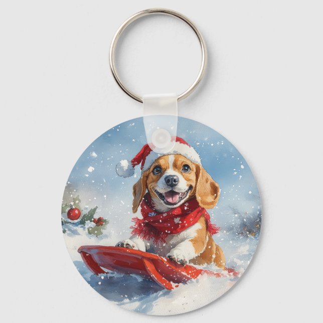 Beagle Hund in Sledge Lass es Schnee Weihnachten Schlüsselanhänger (Vorderseite)