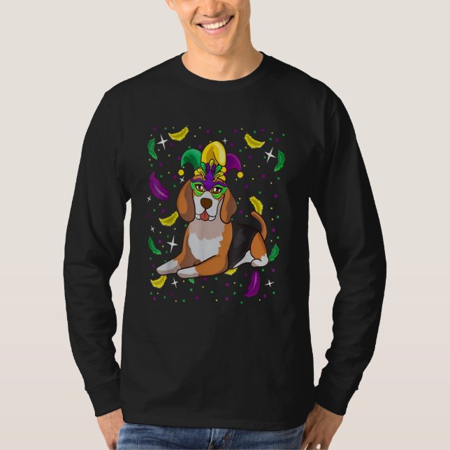 Beagle Hund mit Parade Maske Mardi Gras Party T-Shirt (Vorderseite)