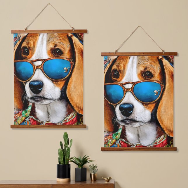 Beagle Hund mit Sonnenbrille Wandteppich Mit Holzrahmen (Asymmetrisch)