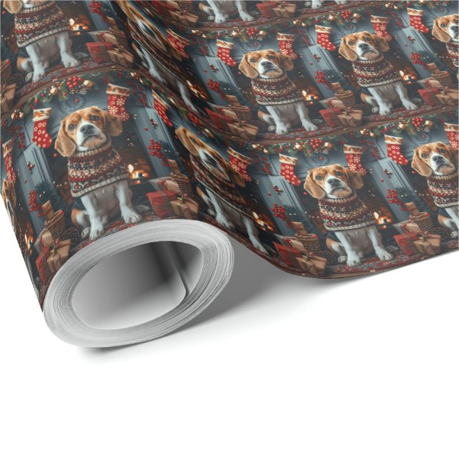 Beagle Hund mit Weihnachtsgeschenken Feuerplatz Geschenkpapier (Rolleneckpunkt)