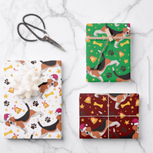 Beagle Hund mit Weihnachtsmannmütze Weihnachten Geschenkpapier Set