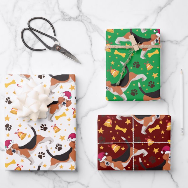 Beagle Hund mit Weihnachtsmannmütze Weihnachten Geschenkpapier Set (Vorderseite)