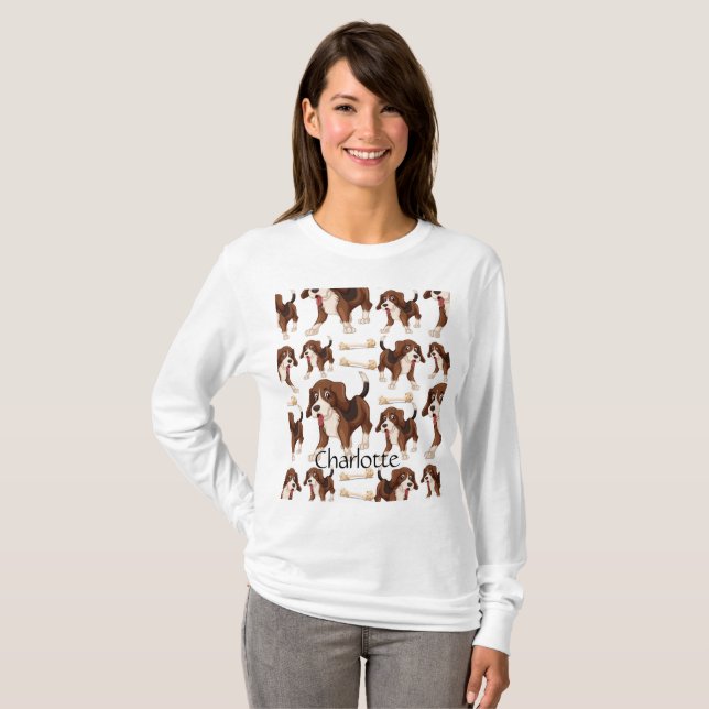 Beagle Hund nahtlos Muster Individuelle Name T-Shirt (Vorne ganz)