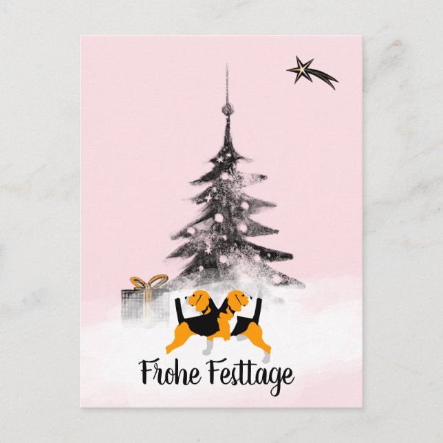 Beagle-Hund schwarz-weiß Weihnachten Postkarte (Vorderseite)