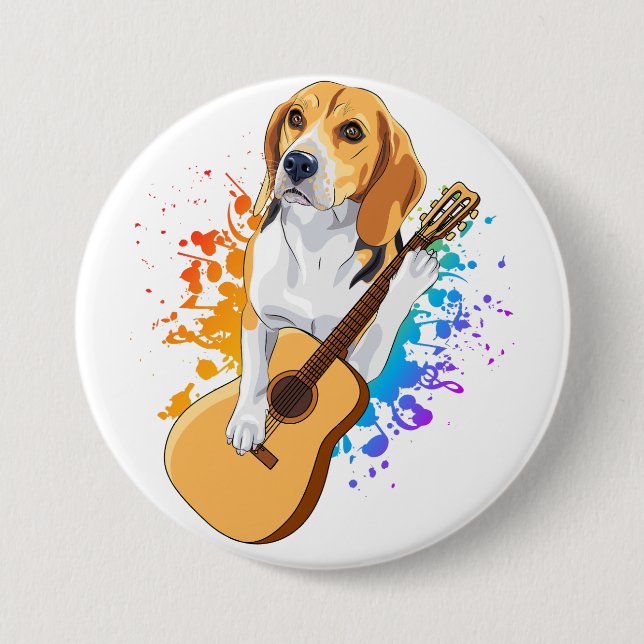 Beagle Hund spielt akustische Gitarre Button (Vorderseite)