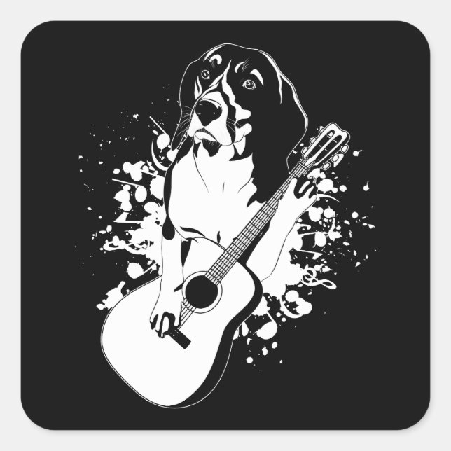 Beagle Hund spielt akustische Gitarre Quadratischer Aufkleber (Vorderseite)
