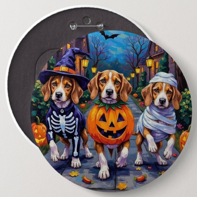 Beagle Hunde Trick-or-Treating in Halloween-Kostüm Button (Vorne & Hinten)