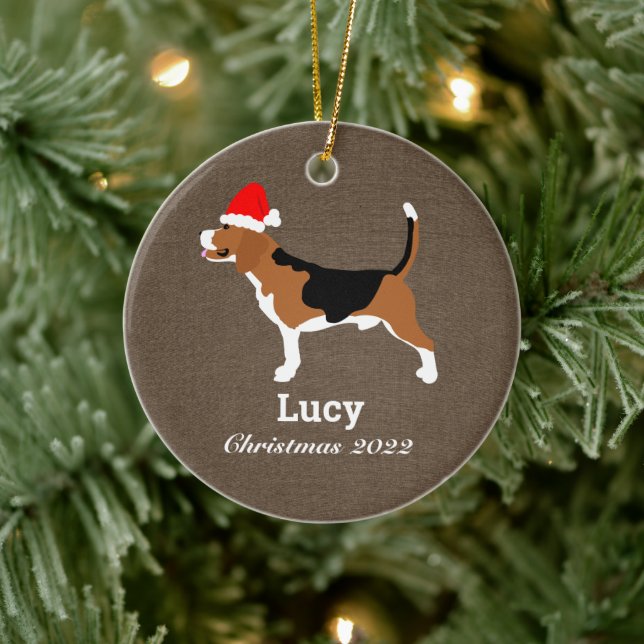 Beagle Hunde Weihnachtsmannmütze Personalisiert Keramik Ornament (Baum)