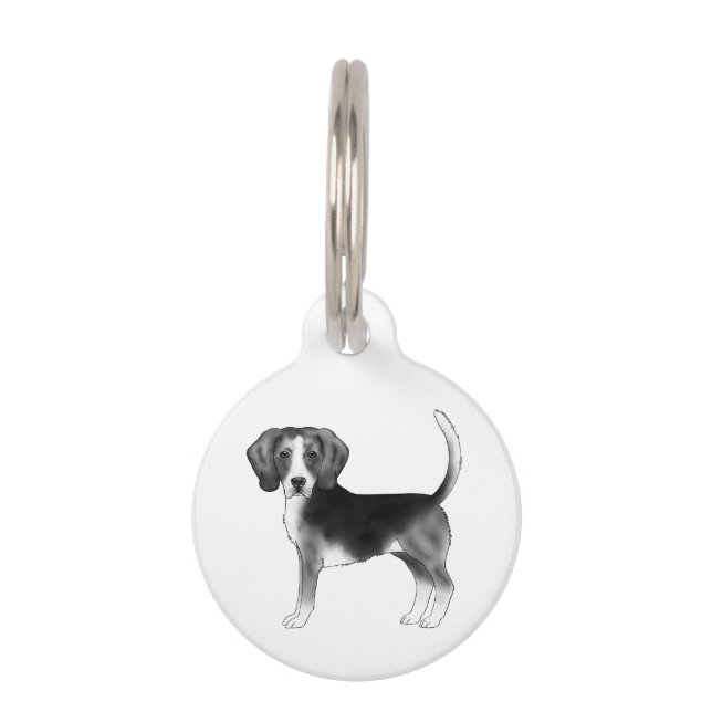 Beagle-Hundedesign in Schwarz/Weiß mit Text Haustiermarke (Vorderseite)