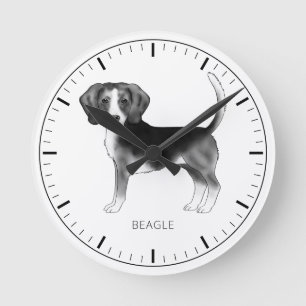 Beagle-Hundedesign in Schwarz/Weiß mit Text Runde Wanduhr