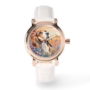 Beagle-Hundefreundin mit Wildblumenwiese Sandstein Armbanduhr