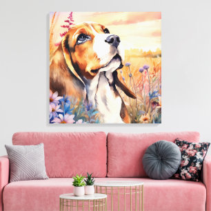 Beagle-Hundeliebhaber mit Wildblumenwiese Leinwanddruck