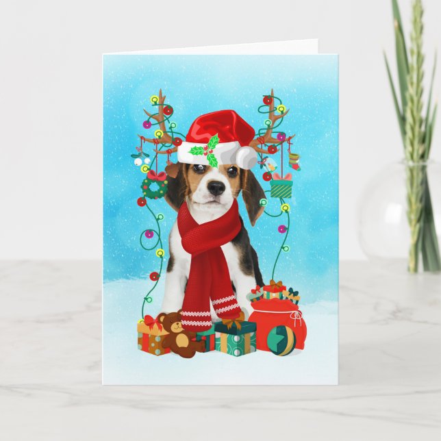 Beagle im Schnee mit Weihnachtsgeschenken Karte (Vorderseite)