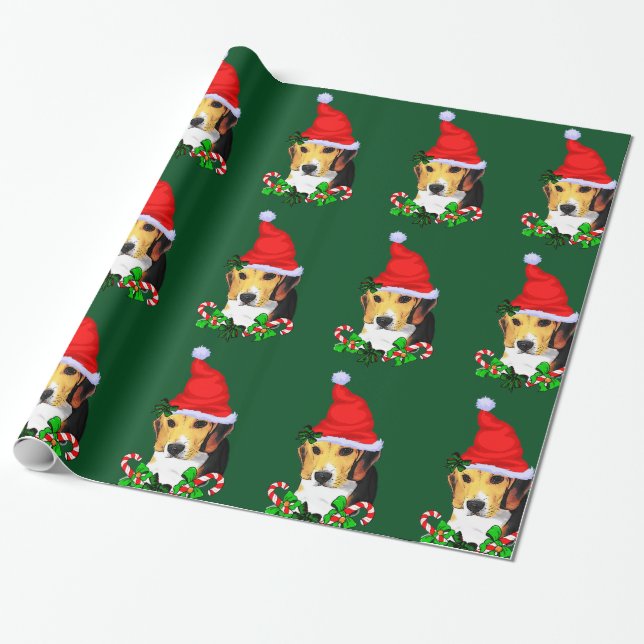 Beagle in der Weihnachtsmannmütze Weihnachten Geschenkpapier (Ungerollt)
