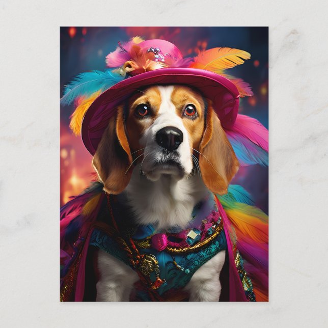 Beagle in einem Federhut Postkarte (Vorderseite)