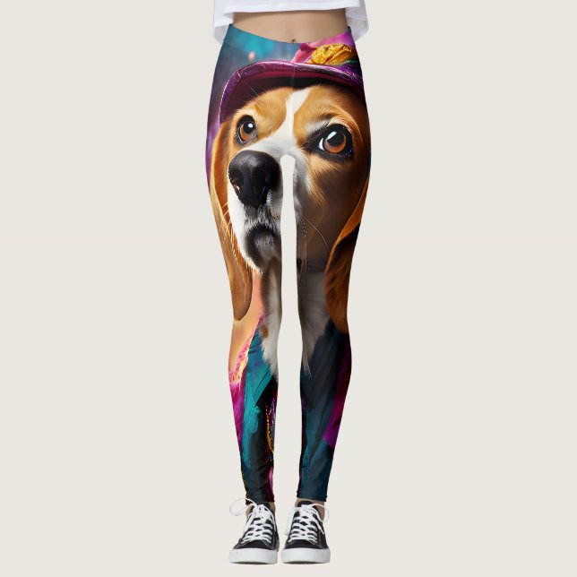 Beagle in einem rosa Hut Leggings (Vorderseite)