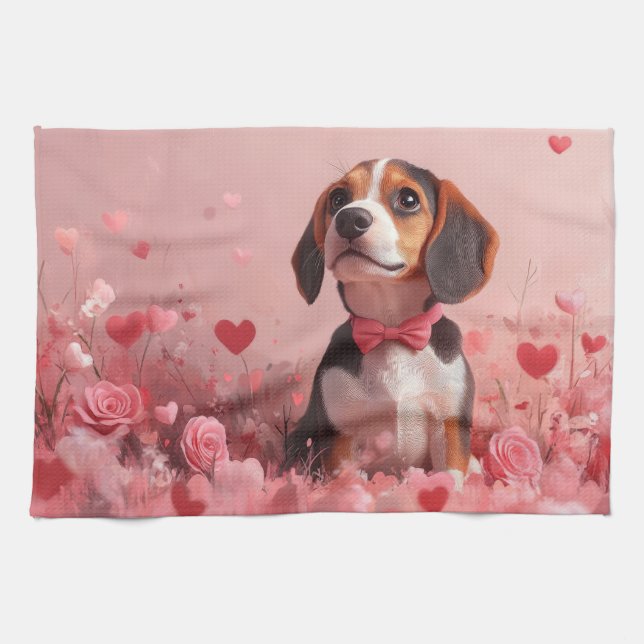 Beagle mit Rose - Valentinstag Geschirrtuch (Horizontal)
