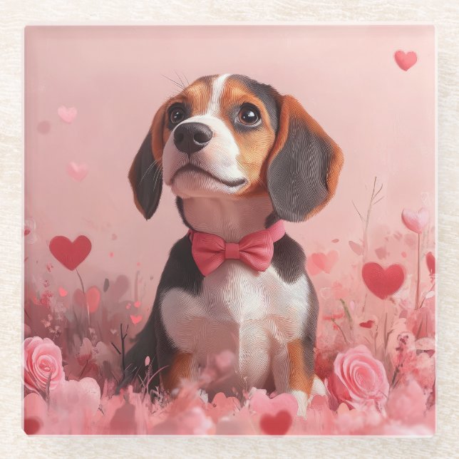 Beagle mit Rose - Valentinstag Glasuntersetzer (Vorderseite)